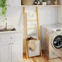 HOMCOM Badregal, 2-in-1 Badezimmerregal mit 3 Stangen, abnehmbarer 48L-Wäschekorb, Bambus, 43 x 35 x 133 cm, Cremeweiß(m-9)