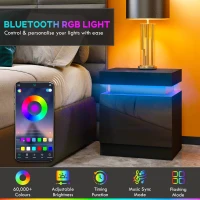 HOMCOM Black Bedside Table with LED Light, High Gloss Front Nightstand with 2 Drawers, for Living Room, Bedroom(m-4)