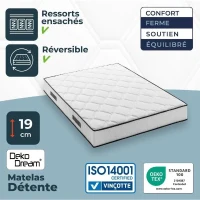 Ensemble matelas sommier 160 x 200 cm Hauteur 19 cm - ressorts ensachés - 7 zones - réversible - fabriqué en Belgique - DEKO DREAM(m-4)