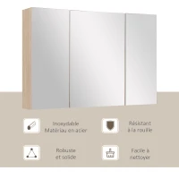kleankin Armoire murale salle de bain, meuble de rangement avec miroir, 2 placards avec 3 étagères en bois, 90 x 60 x 13,5 cm(m-6)