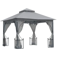 Outsunny 3 x 3(m) Garden Gazebo Patio Party Tent Shelter Outdoor Canopy Double Tier Sun Shade Metal Frame Netting, Light Grey(m-10)
