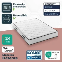 Ensemble matelas sommier 140 x 190 cm Hauteur 24 cm - ressorts ensachés - 7 zones - réversible - fabriqué en Belgique - DEKO DREAM(m-5)