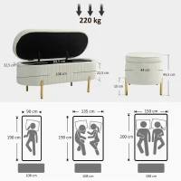 HOMCOM Banc de rangement, bout de lit en velours avec couvercle, pieds en métal, capacité 72 L, 108x44x43,5cm, crème(m-3)