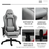 Vinsetto Fauteuil de bureau chaise de bureau manager grand confort repose-pied tétière + coussin lombaires intégrés dossier inclinable accoudoirs réglables lin gris(m-7)