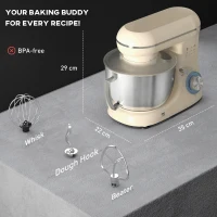 HOMCOM Robot de bucătărie 4,5 L 1300 W 6 viteze bol din oțel inoxidabil tel cârlig paletă bej(m-3)