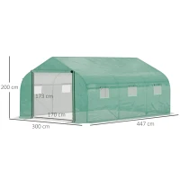 Outsunny Walk-in Polytunnel Garden Greenhouse, Outdoor Mesh Door Greenhouse with PE Cover and 6 Windows, 4.5 x 3 x 2m, Green(m-3)