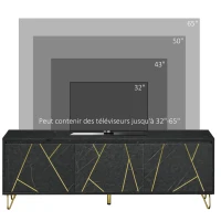 HOMCOM Meuble TV banc TV jusqu'à 65 pouces texture longueur 147 cm effet marbre 2 placards 3 portes à amortissement étagères réglables passe-câbles charge 100 Kg - 147 x 35 x 52 cm - pied en métal(m-7)