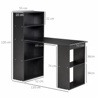 HOMCOM Bureau informatique, bureau avec rangement, 6 compartiments ouverts, table d'ordinateur pour chambre, studio, 120 x 55 x 120 cm, noir(m-3)