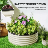 Outsunny Galvanised Raised Garden Bed with Safety Edging, Outdoor Raised Planter Box with Gloves, 120 x 120 x 43cm, Cream White(m-6)