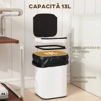 HOMCOM Bidone per Immondizia da 13L con Sensore e Spazio per Deodoranti, in Acciaio e PP, 24x24x41 cm, Bianco e Nero(m-6)