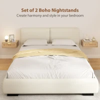 HOMCOM Floating Bedside Tables Set of 2, Wall Mounted Bedside Cabinets with Rattan Drawer and Wood Effect, Oak(m-4)