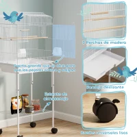 PawHut Jaula para Pájaros con Ruedas Estante Puertas 2 Comederos 2 Perchas Columpio Bandeja Extraíble 46,5x36x124 cm Blanco(m-5)