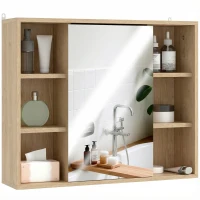 HOMCOM Mueble de baño con espejo, armario con puertas y 6 compartimentos abiertos, 60 x 14,5 x 49,4 cm, madera natural(m-7)