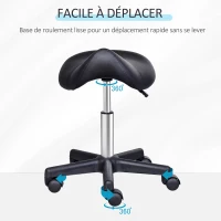 HOMCOM Tabouret à roulettes, tabouret de massage avec hauteur réglable 43-55 cm et selle ergonomique, chaise de travail à roulettes pivotant 360°, pour salon de massage, tatouage, clinique, spa, noir(m-5)