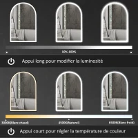 HOMCOM Miroir de salle de bain LED 90 x 60cm, mural, 3 couleurs, arqué cadre en aluminium, désembuage et interrupteur tactile(m-4)