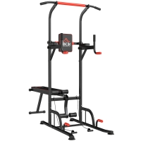 HOMCOM Torre Entrenamiento Energía Power Tower Estación Pull Up Multifuncional Ajustable en Altura con Banco Plegable Barra de Dominadas para Fitness 220x98x181-229 cm Negro