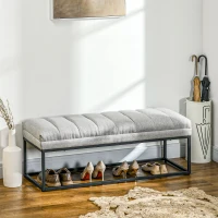 HOMCOM Banc design moderne, assise rembourrée en tissu aspect lin gris et structure en métal noir, charge 200 Kg, 120x44x45,5cm(m-10)