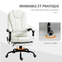 Vinsetto Fauteuil de bureau massant, chaise de bureau, chaise ergonomique avec hauteur réglable, dossier inclinable et télécommande filaire, repose-pieds rétractable et pivotant à 360°, blanc(m-7)