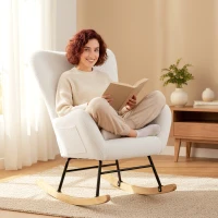 HOMCOM Mecedora de Terciopelo de Teddy con Respaldo Acolchado Almohada y Base de Madera de Caucho Carga 120 kg Crema(m-7)