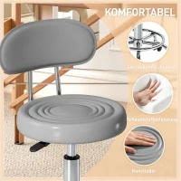HOMCOM Rollhocker, Drehbarer und verstellbarer Hocker mit Rückenlehne, Kunstlederbezug, Fußstütze, für Frisiertische, Grau(m-4)