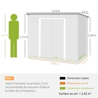 Outsunny Abri de jardin 2,77 m² 213 x 130 x 172 cm kit de fondation porte coulissante ventilations acier galvanisé gris foncé(m-3)