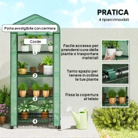 Outsunny Serra da Balcone a 4 Livelli con 4 Rotelle e Ingresso Avvolgibile, in Acciaio e PE, 69x50x165 cm, Verde(m-6)