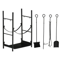 Outsunny Portalegna da Interno ed Esterno Rialzato a 2 Ripiani, Porta Legna da Ardere in Metallo con Supporti Rimovibili, Paletta, Scopa, Attizzatoio e Pinza, Capacità 70 kg, 44.5x29.5x73 cm, Nero(m-1)