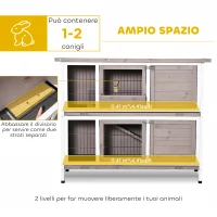 PawHut Conigliera in Legno a 2 livelli con Tetto Apribile, Mangiatoia e Vassoi Estraibili, 122x50x101 cm, Marrone(m-4)