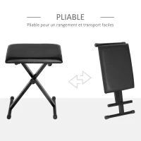 HOMCOM Tabouret piano pliable, banc piano réglable en hauteur de 37 à 47 cm, siège rembourré en PU et pieds en métal antidérapants, charge 100 kg, noir(m-6)