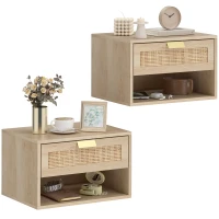 HOMCOM Set de 2 Noptiere Suspendate cu Sertar din Ratan Raft Deschis Economisire Spațiu 40x30x25 cm Stejar(m-7)