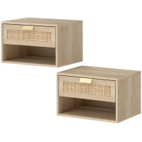 HOMCOM Lot de 2 Tables de Chevet Murales Flottantes avec Tiroir en Rotin Étagère Ouverte Gain de Place 40x30x25 cm Chêne(m-1)