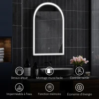 HOMCOM Miroir de salle de bain LED 90 x 60cm, mural, 3 couleurs, arqué cadre en aluminium, désembuage et interrupteur tactile(m-7)