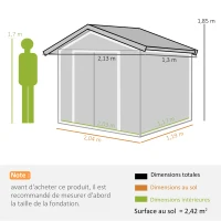 Outsunny Abri de jardin en métal 2,77 m² cabane de jardin 213 x 130 x 185 cm avec fondation, porte coulissante gris foncé(m-3)