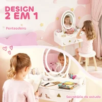 AIYAPLAY Tocador de Maquilhagem com Luzes LED de 3 Cores  Banco Espelho 2 Gavetas 2 Caixas de Armazenamento 60x30x99,3 cm Branco(m-5)