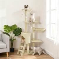PawHut krabpaal kattenboom met hol, 4 speeltjes, sisalstammen, groot platform, trap, voor katten onder 5 kg, Beige(m-10)