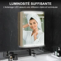 HOMCOM Armoire murale meuble salle de bain avec miroir, éclairage LED et étagères en verre réglables 50x12,5x70cm, bois naturel(m-4)