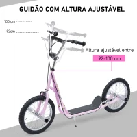HOMCOM Trotinete para Crianças Min.5 Anos 2 Rodas Insufláveis de 16 Polegadas Freios e Guidão Ajustável Altura 143x58x92-100 cm Rosa(m-7)