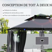 Outsunny Tonnelle de jardin extérieur barnum 3 x 4 m avec moustiquaire et lumières LED solaire, double toit, gris(m-5)