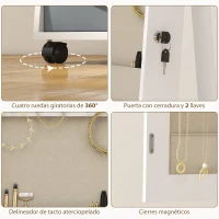 HOMCOM Espejo Joyero con Luces LED Interior Ruedas Giratorio de 360° Estantes Abiertos Cajones de Tela Blanco(m-8)