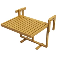 Outsunny Mesita de Balcón Plegable Ajustable en Altura 40.5-55cm, Mesita para Barandilla en Madera de Pino, Uso Exterior e Interior para Balcón, Color Madera(m-7)