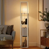 HOMCOM Stehlampe mit Ablagen, einstellbares Licht, Fußschalter und USB-Anschlüsse, Weiß und Eiche(m-2)