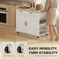HOMCOM Isla de Cocina con Estación de Carga, Carrito de Cocina con Ruedas y Encimera Abatible, 2 Cajones, Blanco(m-4)