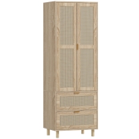 HOMCOM Armário Quarto Guarda-roupa com 2 Portas em Vime 2 Gavetas e Barra de Suspensão 63x47x185 cm Madeira Natural