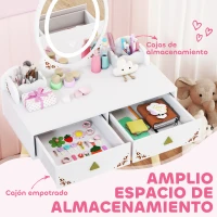 AIYAPLAY Tocador de Maquillaje Niña con Luces LED de 3 Colores Taburete Espejo 2 Cajones 2 Cajas de Almacenaje Blanco(m-6)