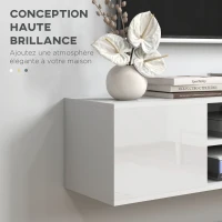 HOMCOM Meuble banc TV mural suspendu style contemporain 2 placards 2 niches centrales et 2 passe-câbles 140 x 30 x 30 cm blanc(m-6)