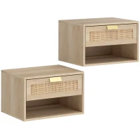 HOMCOM Lot de 2 Tables de Chevet Murales Flottantes avec Tiroir en Rotin Étagère Ouverte Gain de Place 40x30x25 cm Chêne(m-7)
