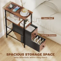 HOMCOM Couchtisch Beistelltisch mit Ladestation, Stahlrahmen, 2 Stoffschublade, offen Fach, 20cm x 40cm x 63cm, Rustikal-Braun(m-5)