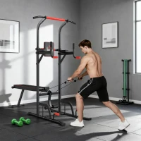 HOMCOM Torre Entrenamiento Energía Power Tower Estación Pull Up Multifuncional Ajustable en Altura con Banco Plegable Barra de Dominadas para Fitness 220x98x181-229 cm Negro(m-8)