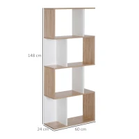 HOMCOM Bibliothèque à 4 niveaux, meuble de rangement en forme de S avec étagères, étagère de rangement pour salon, chambre bureau, 60 x 24 x 148 cm, bois naturel et blanc(m-3)