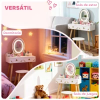 AIYAPLAY Tocador de Maquillaje Niña con Luces LED de 3 Colores Taburete Espejo 2 Cajones 2 Cajas de Almacenaje Blanco(m-8)